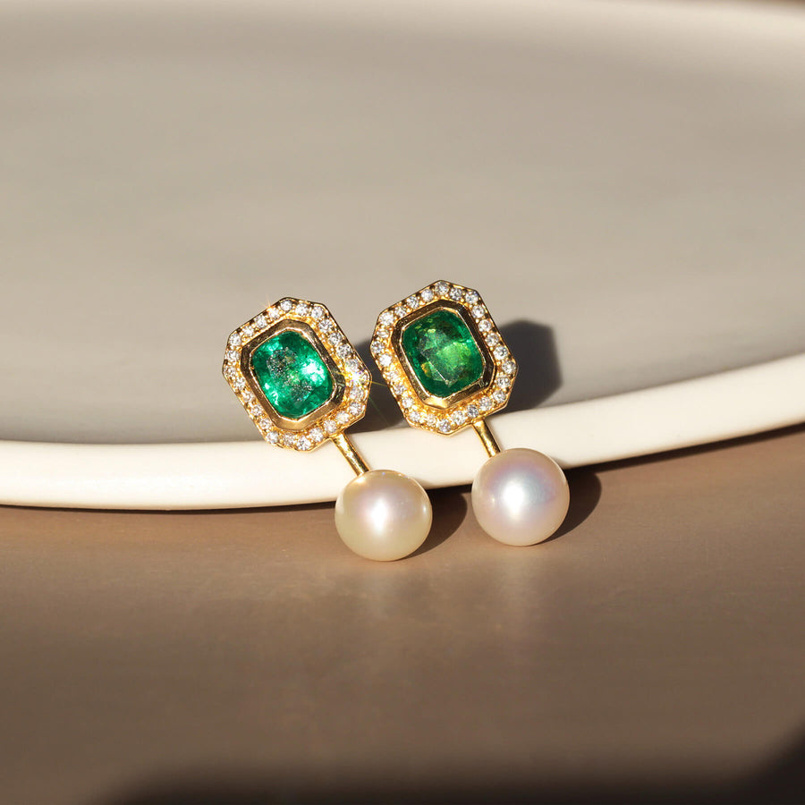 Emeralds, Pearls & White Diamond Earrings Sea Treasures