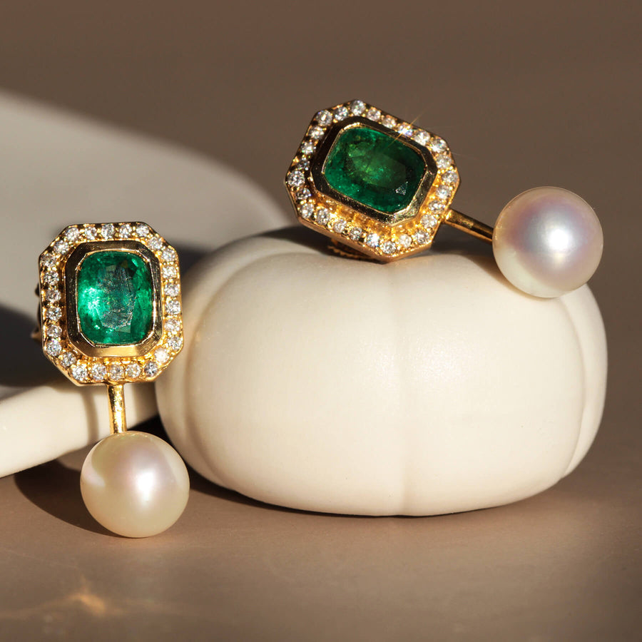 Emeralds, Pearls & White Diamond Earrings Sea Treasures