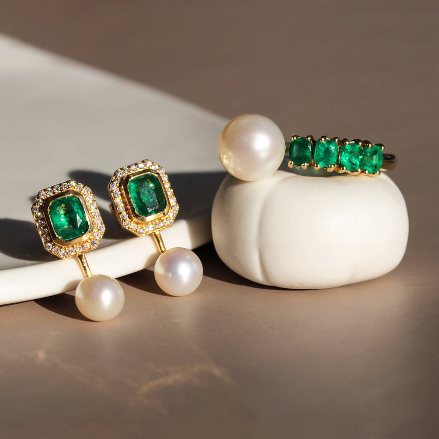 Emeralds, Pearls & White Diamond Earrings Sea Treasures