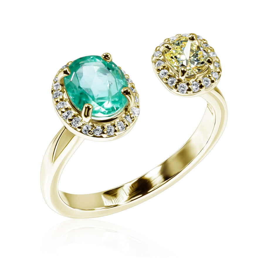 Emerald, Yellow & White Diamond Ring Sunny Flower