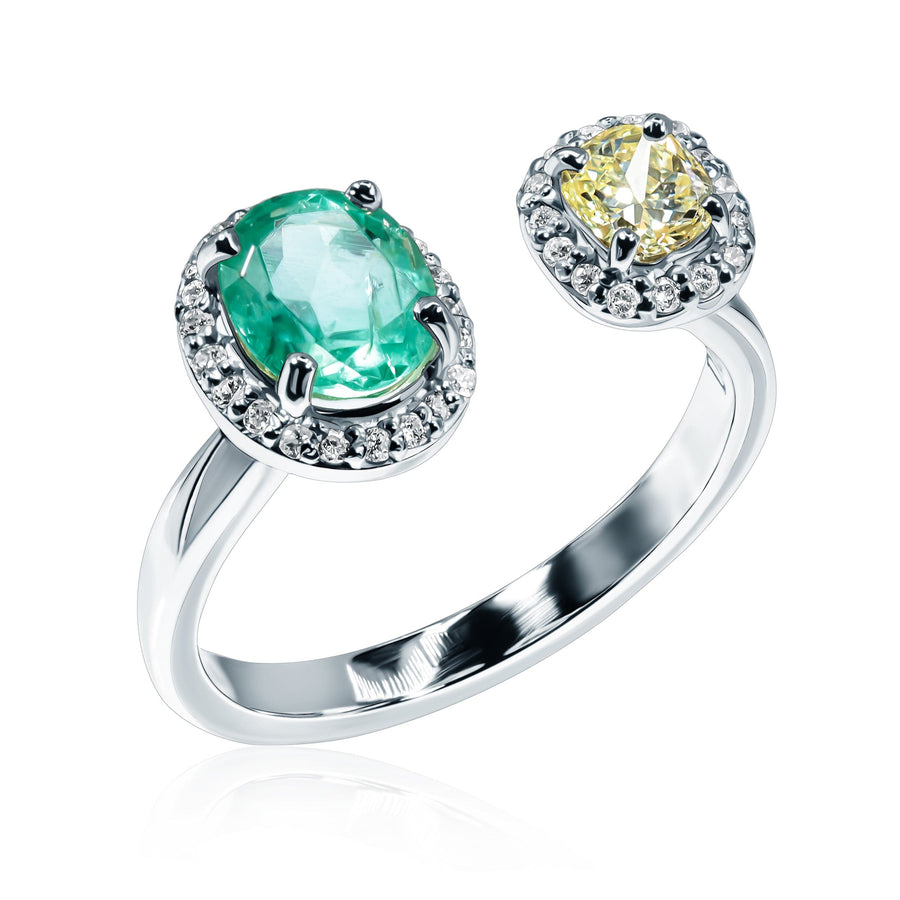 Emerald, Yellow & White Diamond Ring Sunny Flower