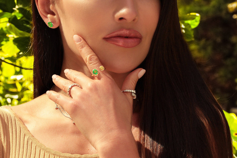 Emerald, Yellow & White Diamond Ring Sunny Flower