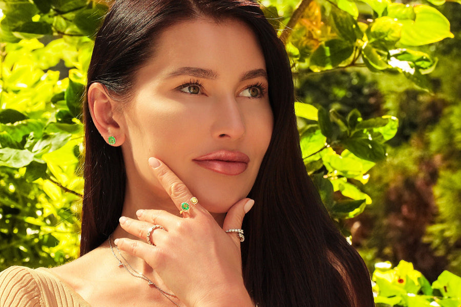 Emerald, Yellow & White Diamond Ring Sunny Flower